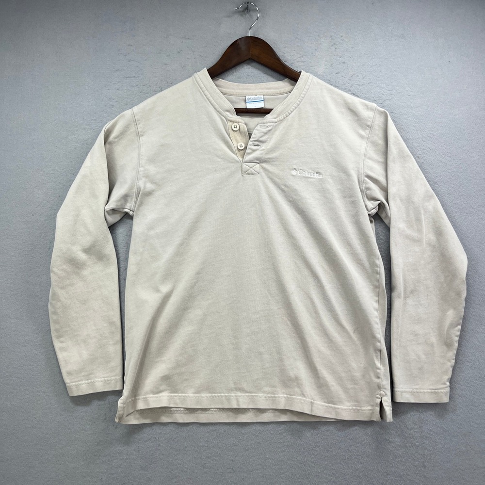 Columbia Henley Shirt Mens M Beige Long Sleeve Outdoor Casual Gorpcore Y2K